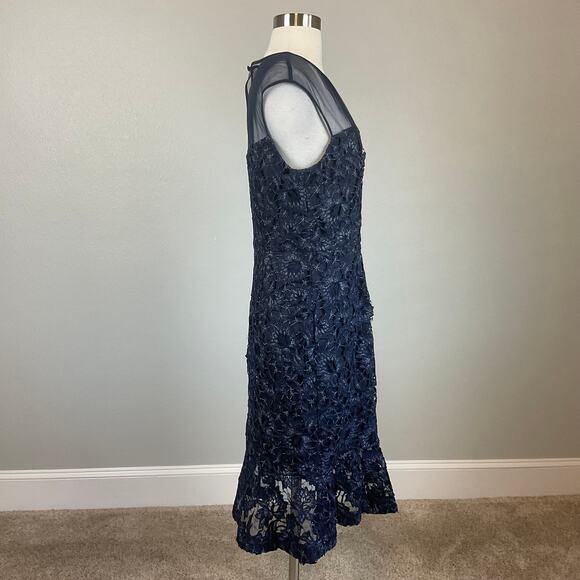 Aidan Mattox Women's Cocktail Dress Size 10 Blue Metallic Lace Midi Sheath - Picture 4 of 12